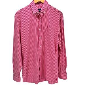 Johnnie O Shirt Mens Medium Performance Button Down Pink Valentine Stripe Bamboo
